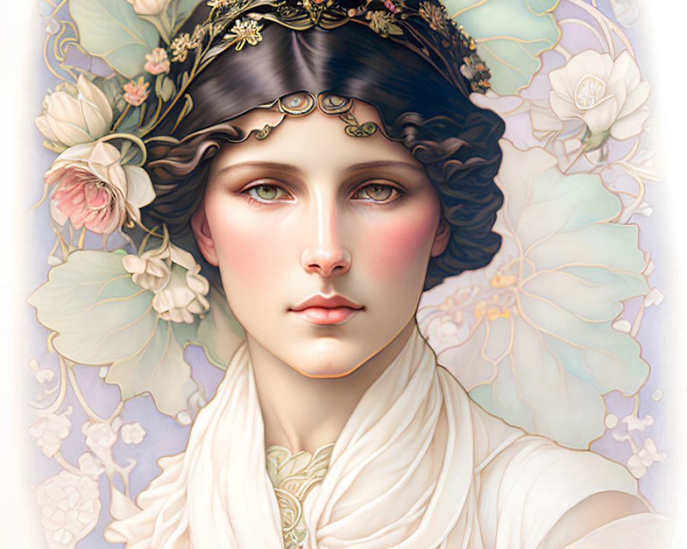 Illustration of woman with dark curly hair and floral headpiece among white flowers