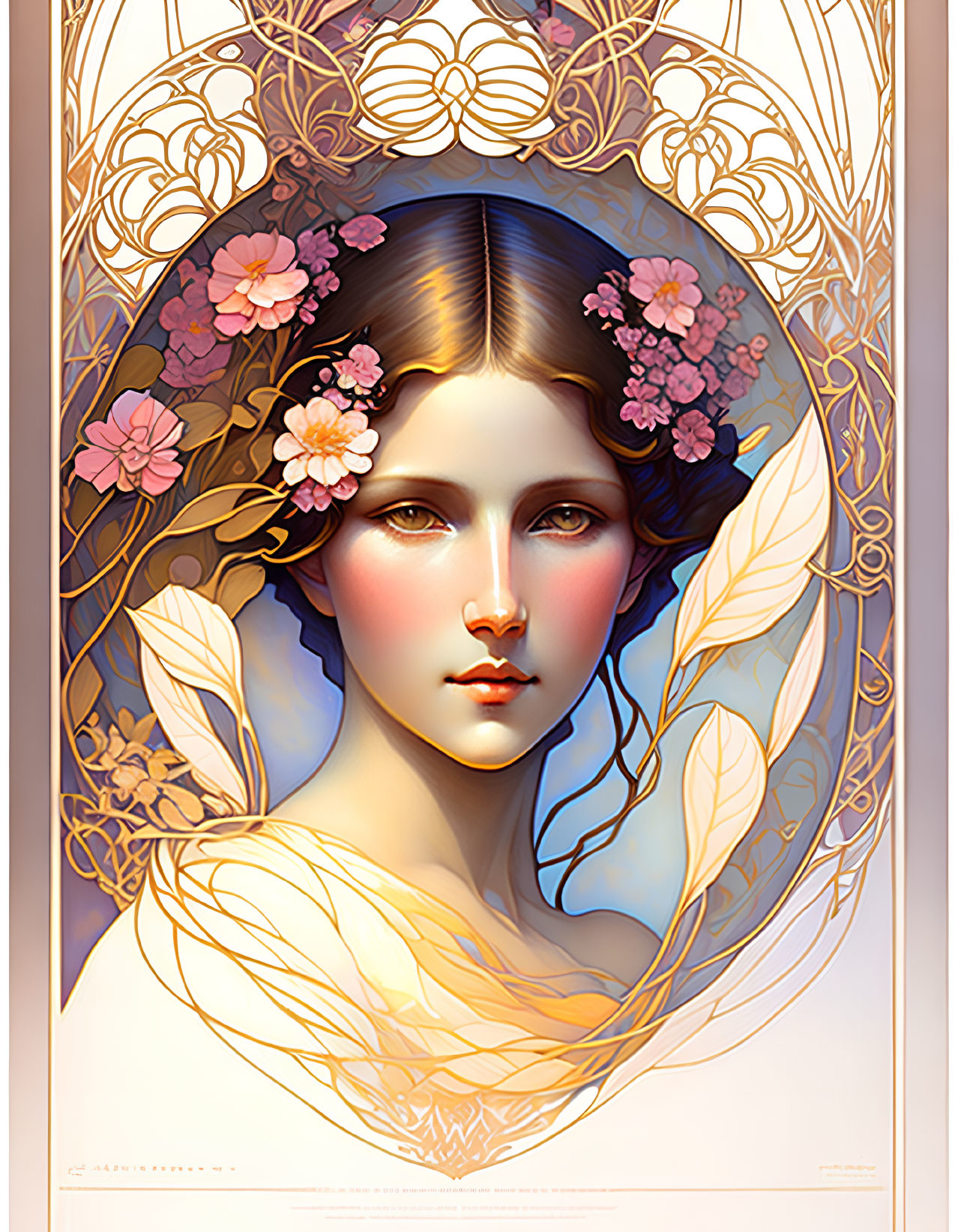 Stylized art nouveau portrait with flowers and gold leaves in warm tones