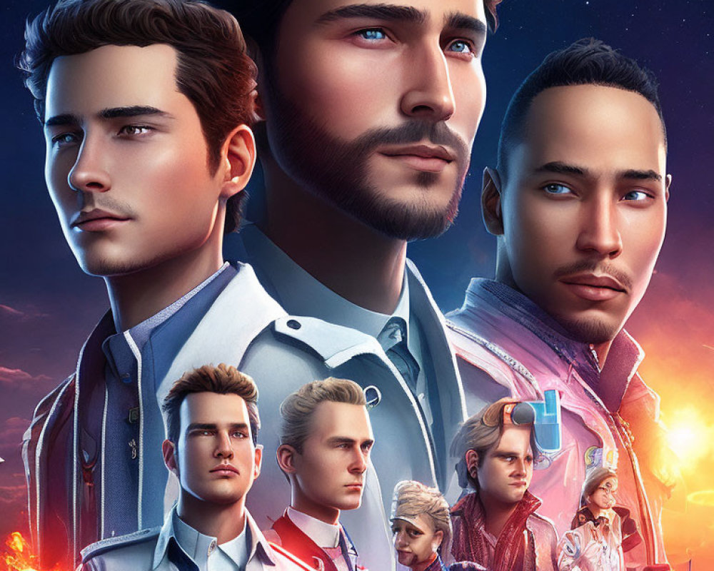 Four Diverse Male Characters in Futuristic Uniforms with Space Background