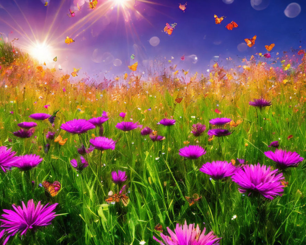 Colorful purple flower field with butterflies in sunny sky - fairy-tale ambiance