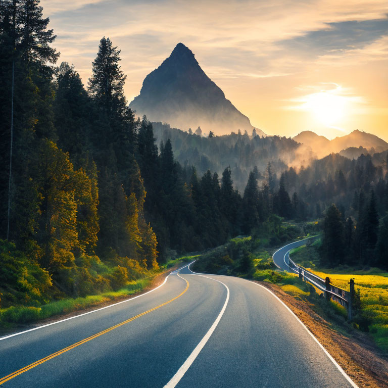 Scenic winding road to forest and mountain peak at sunrise