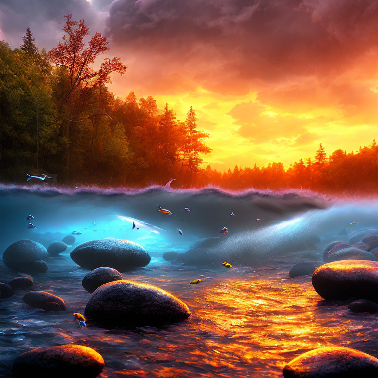 Scenic River Landscape with Glowing Blue Waves and Fiery Sunset