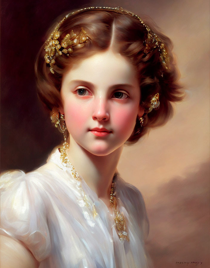 Portrait of young girl in white dress with gold jewelry