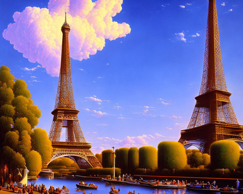 Eiffel Tower painting with blue sky, Seine River, and green trees