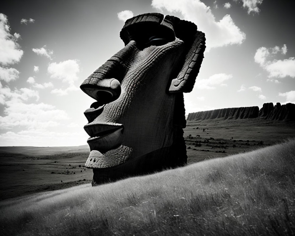 Intricate Giant Stone Head Sculpture in Grassy Landscape