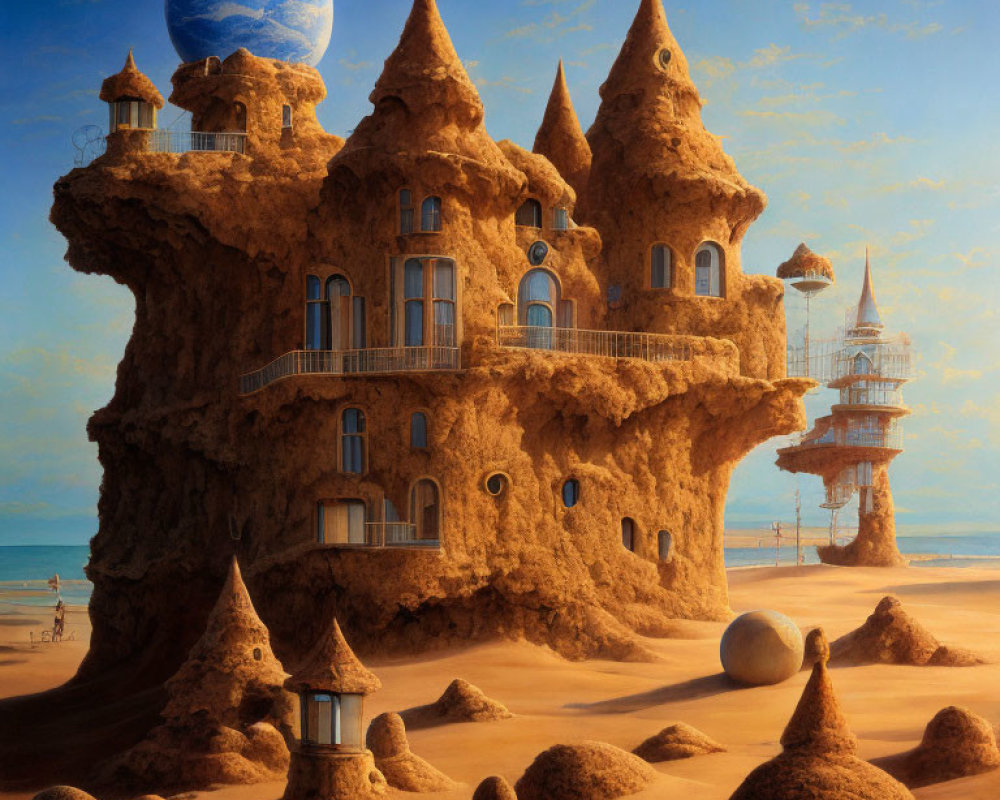 Sandy castle-like structure overlooking beach with Earth-like planet