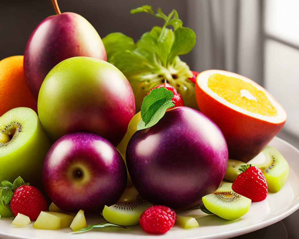 Fresh Fruit Arrangement with Apples, Plums, Kiwi, and Strawberries