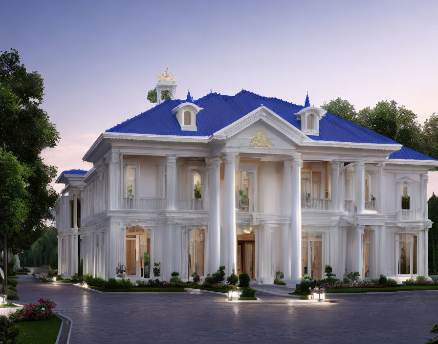 Neoclassical Mansion with White Columns and Blue Roof at Dusk