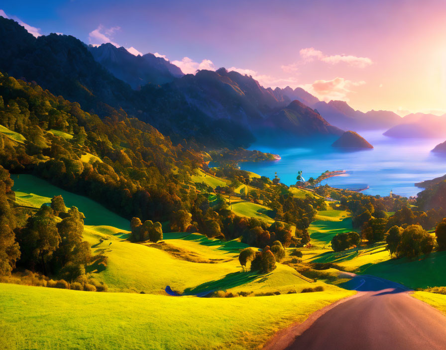 Landscape: Winding road through green hills to coast at sunset