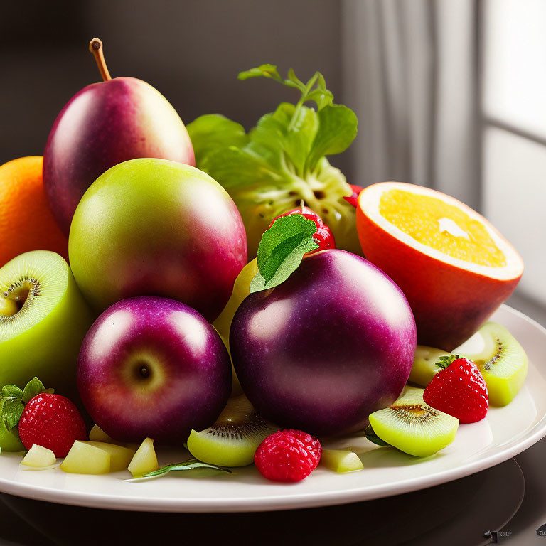 Fresh Fruit Arrangement with Apples, Plums, Kiwi, and Strawberries