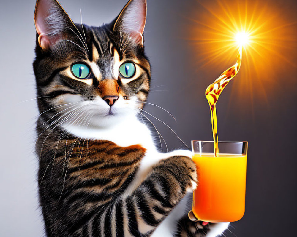 Digitally enhanced image: Cat with human-like hands pouring orange juice, bright sunburst background