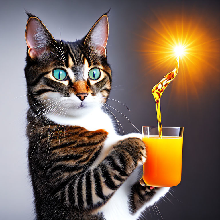 Digitally enhanced image: Cat with human-like hands pouring orange juice, bright sunburst background