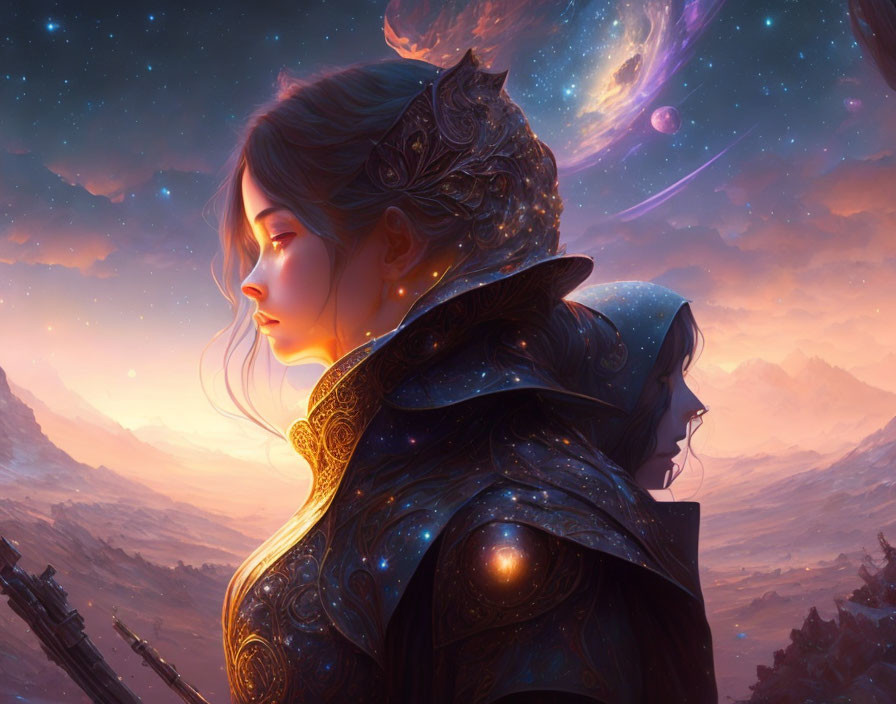 Woman in ornate armor against cosmic backdrop with mountains