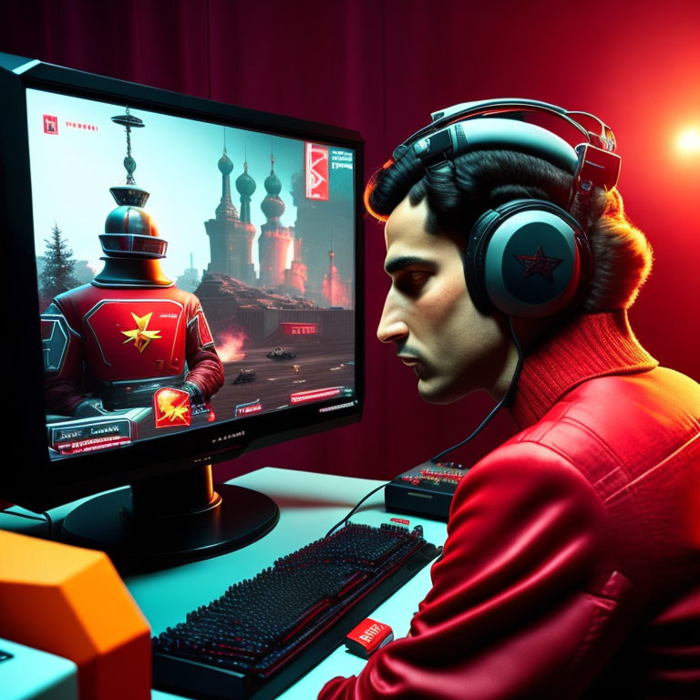 Man in Red Jacket Playing Videogame with Robot on Monitor