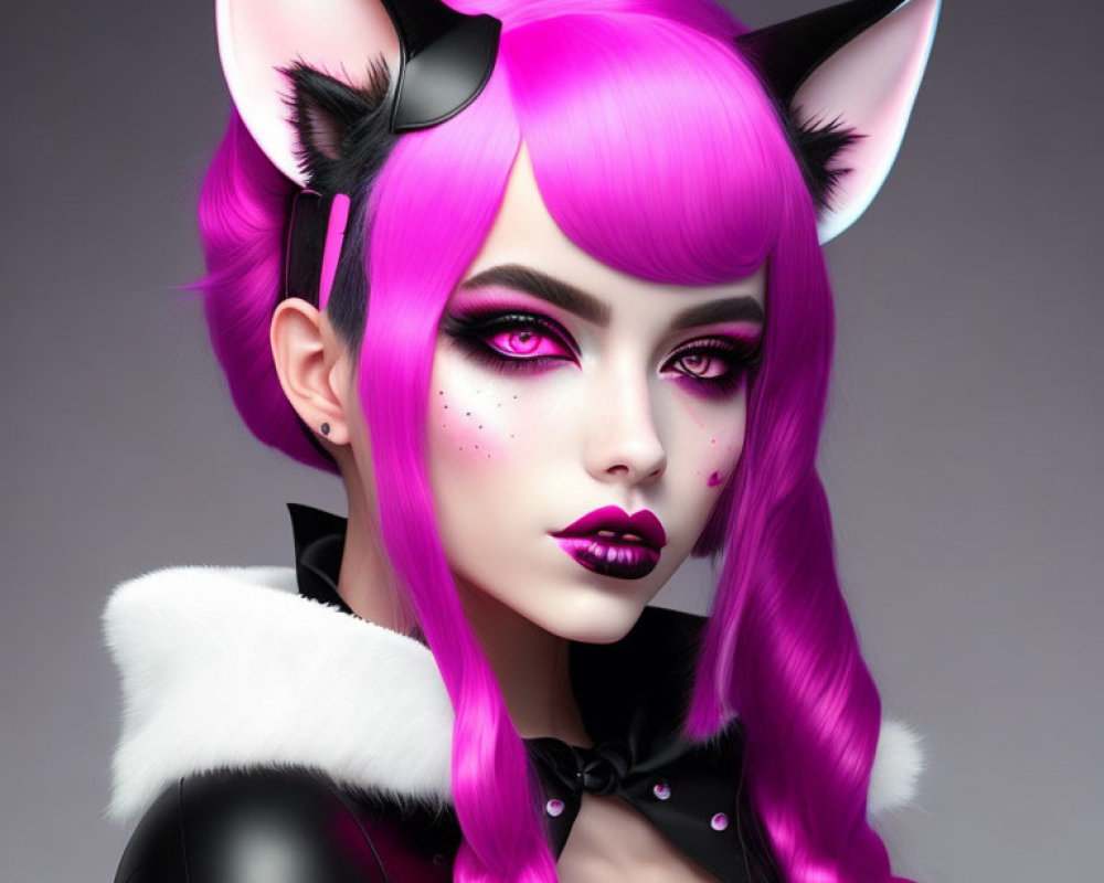 Digital artwork of female character with pink hair, cat ears, dark makeup, and fantasy theme.