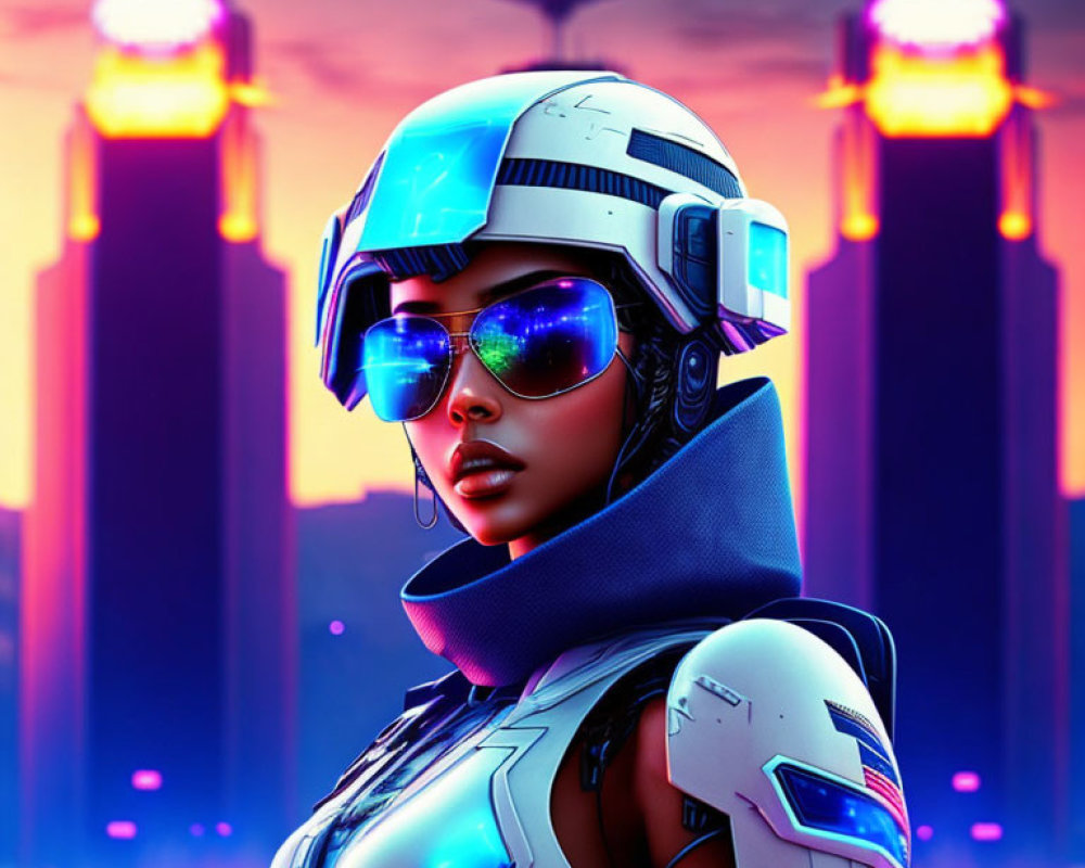 Futuristic female character in cybernetic armor with neon drones and skyscrapers