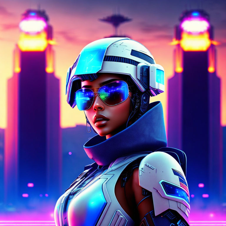 Futuristic female character in cybernetic armor with neon drones and skyscrapers