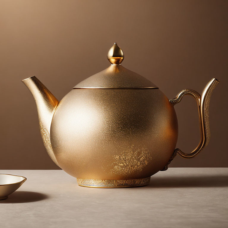 Golden teapot with intricate textures and glossy finish on neutral backdrop