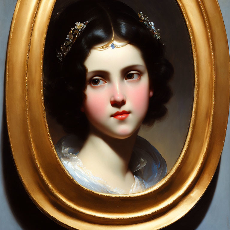 Young Woman Portrait with Dark Hair and Jeweled Headpiece in Oval Gold Frame