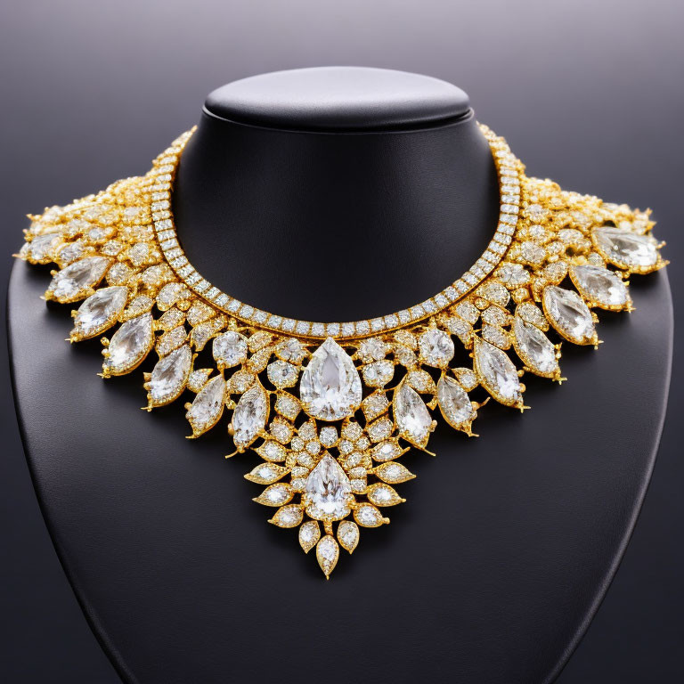 Luxurious Gold and Diamond Necklace with Teardrop and Round Jewels on Black Bust