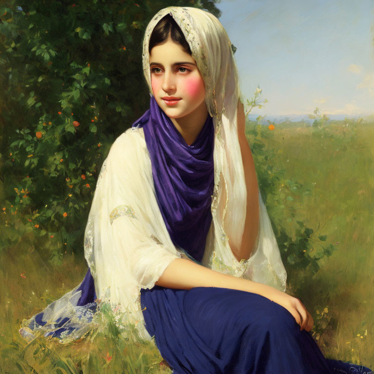 Young woman in white dress with purple shawl seated in sunny meadow