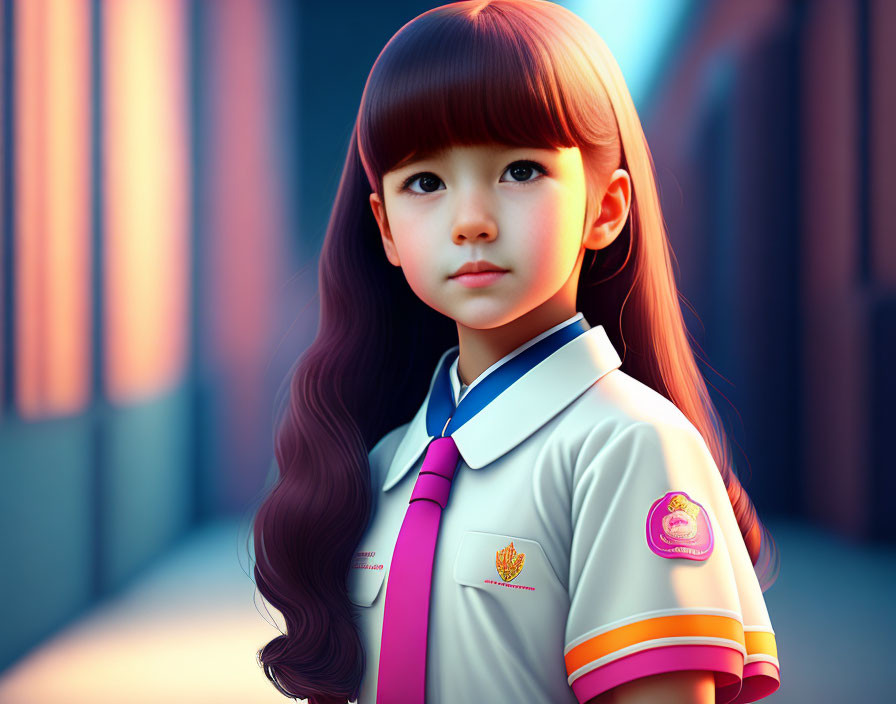 Young girl in school uniform standing in sunlit corridor