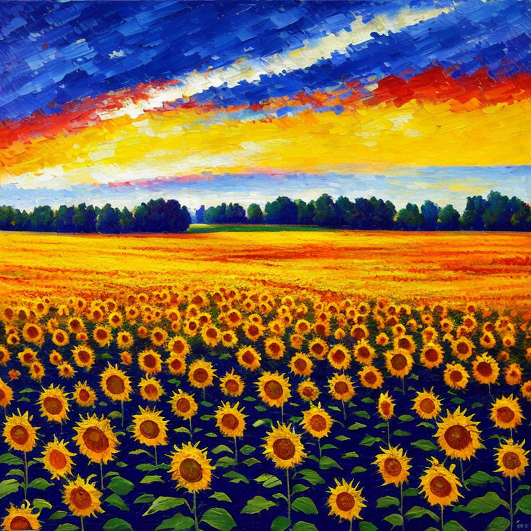 Sunflower Field Oil Painting with Blue Sky and Tree Line