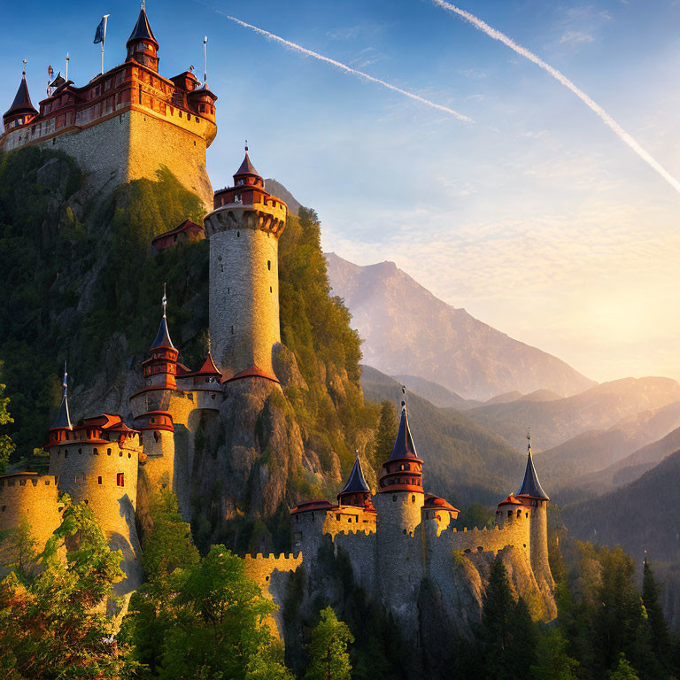 Medieval castle on rocky outcrop in golden sunlight with lush forest backdrop