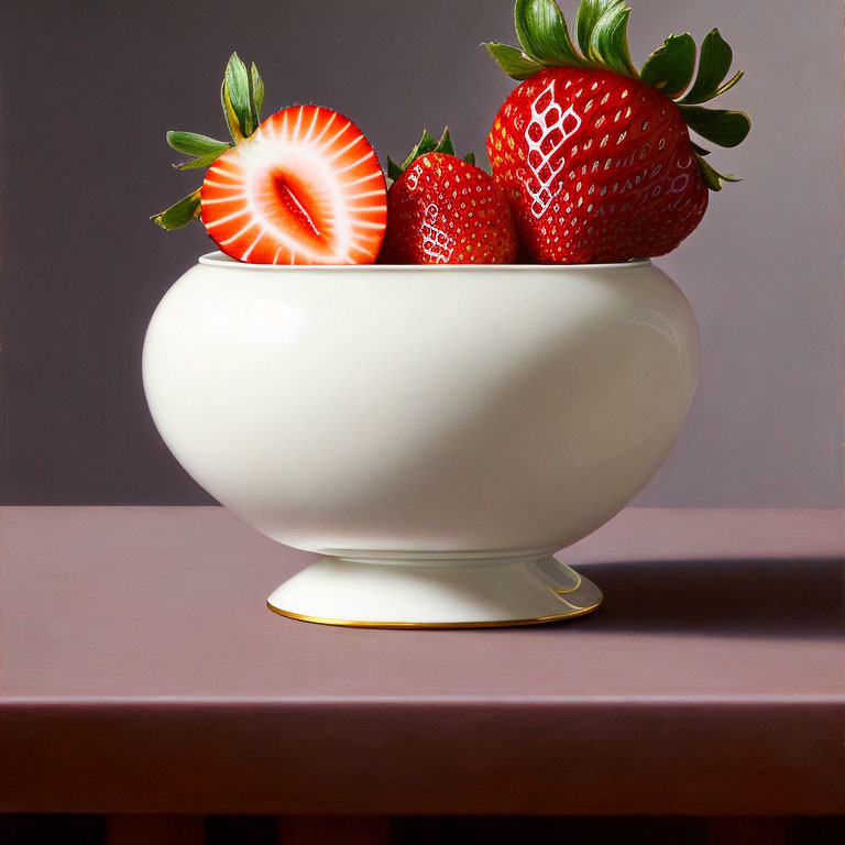 Ripe strawberries in white footed bowl on wooden surface