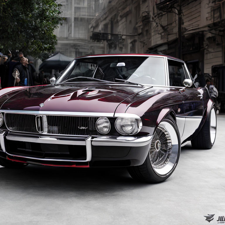 Vintage Burgundy Car with Chrome Detailing and Wire Spoke Wheels at Indoor Event