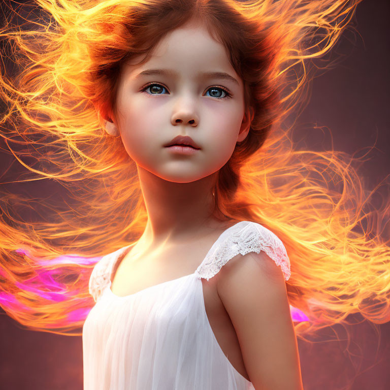 Young girl with fiery hair in orange and purple against dark backdrop