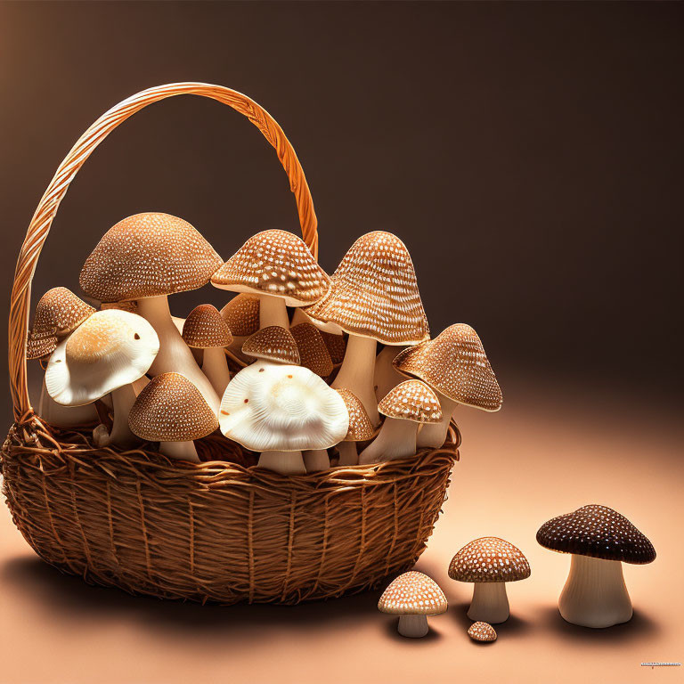 Brown mushrooms in woven basket on neutral background