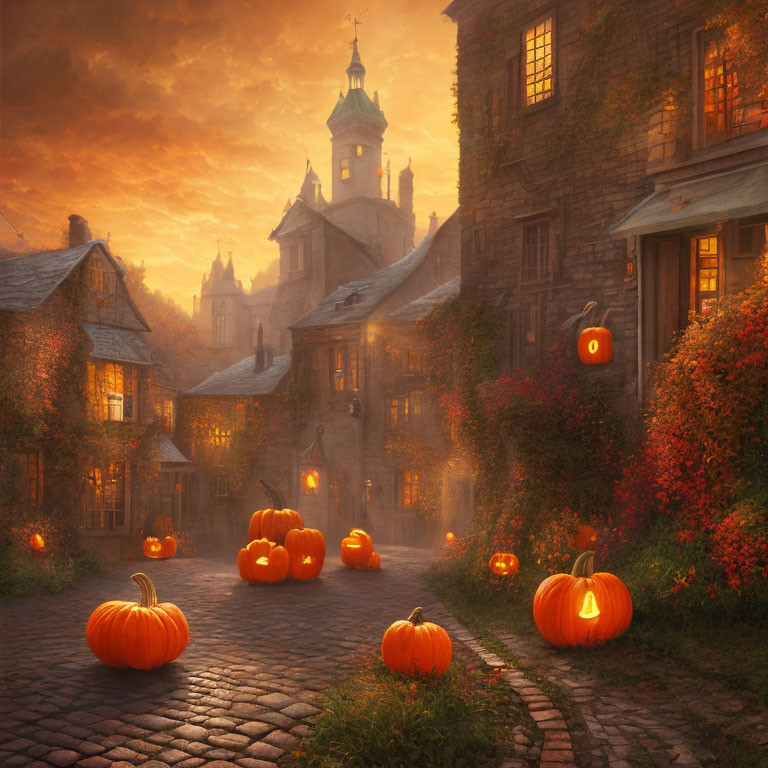 Historic cobblestone street with carved pumpkins at dusk