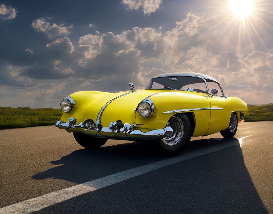 Vintage Yellow Car with Two-Tone Paint Job and Chrome Detailing on Open Road