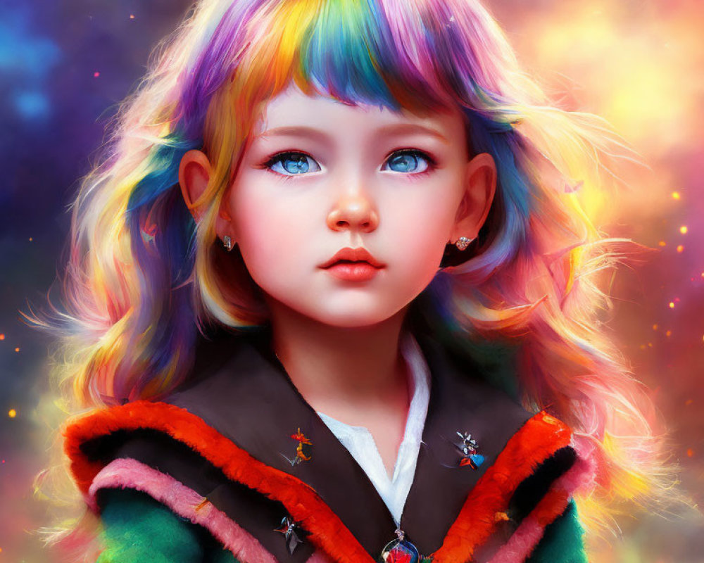 Colorful digital portrait of young girl with rainbow hair in celestial setting wearing pin-adorned jacket