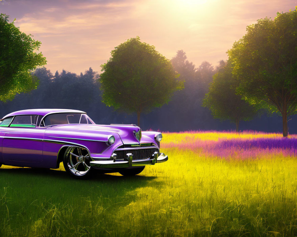 Vintage Purple Car in Field of Purple Flowers at Sunset