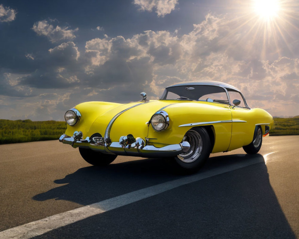 Vintage Yellow Car with Two-Tone Paint Job and Chrome Detailing on Open Road