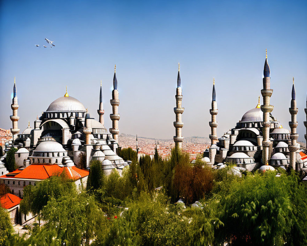 Iconic Sultan Ahmed Mosque with cascading domes and six minarets under clear blue sky,