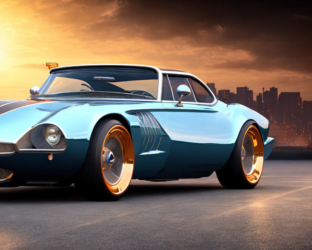 Blue sports car with white stripes and orange-rimmed wheels parked at sunset with city skyline.