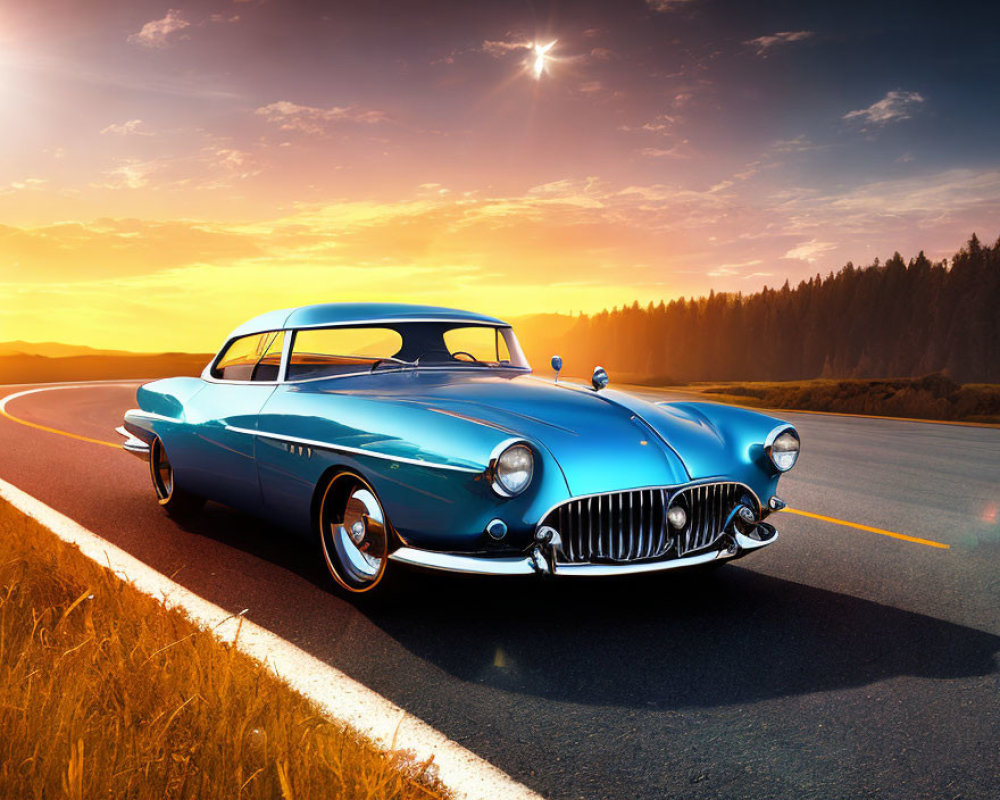 Vintage blue car parked on road at sunset