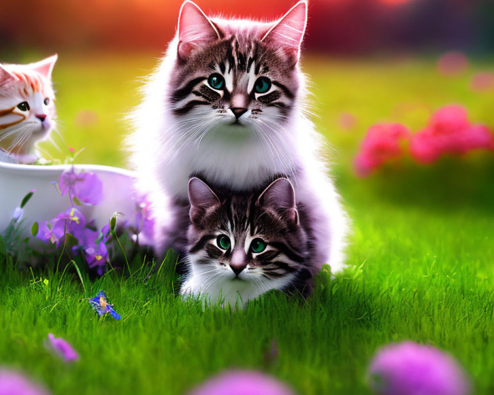 Fluffy kittens in vibrant garden with bowl and flowers