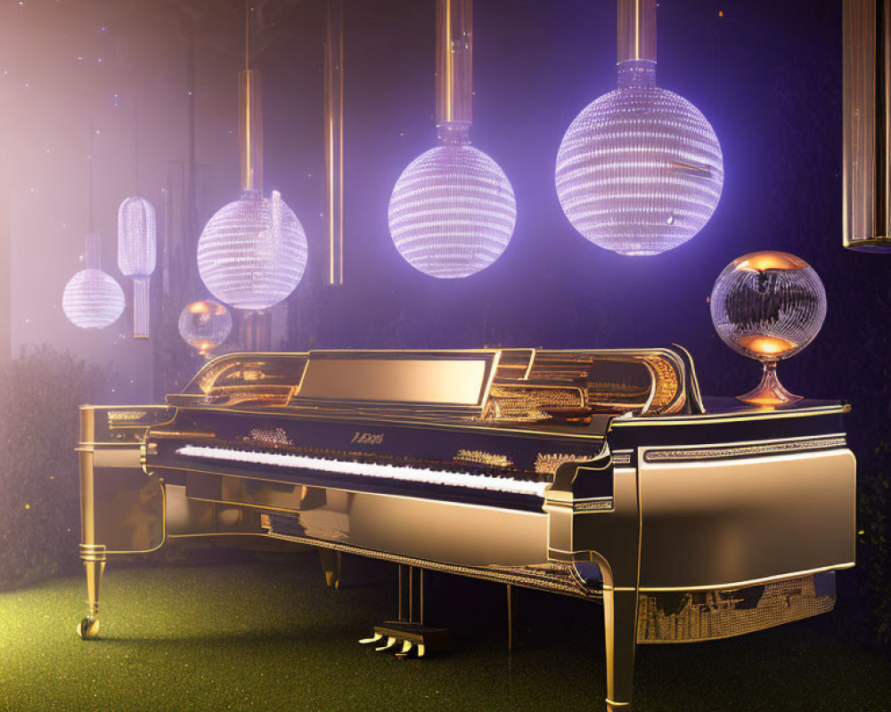 Grand Piano with Open Lid Surrounded by Hanging Lights and Golden Ambiance