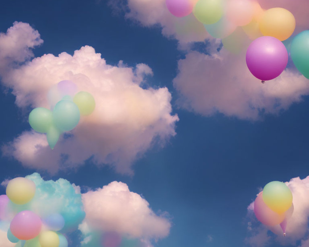 Vibrant balloons float in serene sky with fluffy clouds on clear day