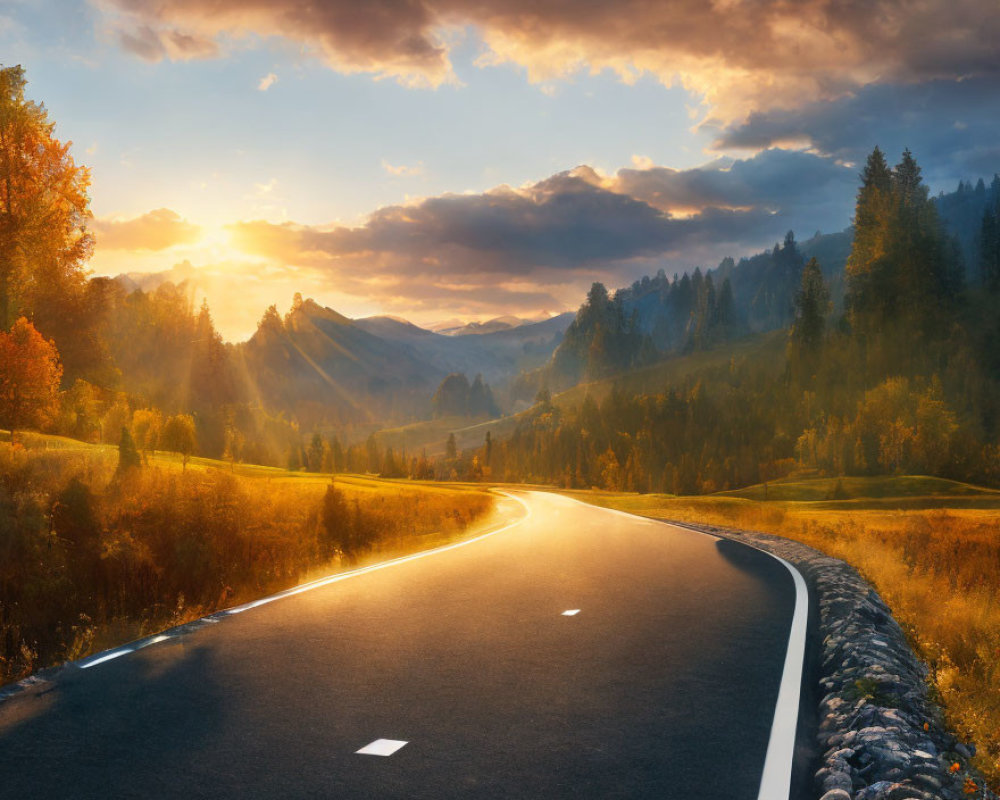 Scenic autumn landscape with winding road and golden trees