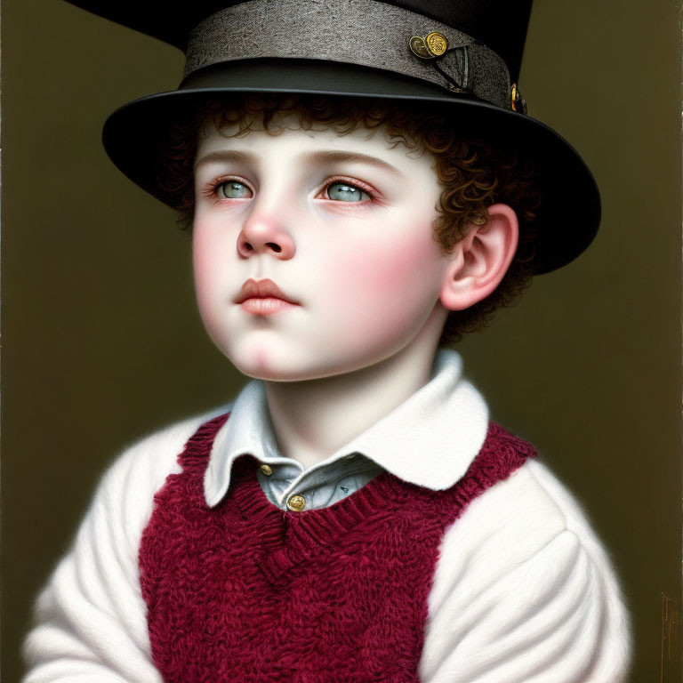 Young boy portrait with curly hair, top hat, and burgundy vest