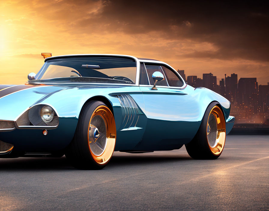 Blue sports car with white stripes and orange-rimmed wheels parked at sunset with city skyline.