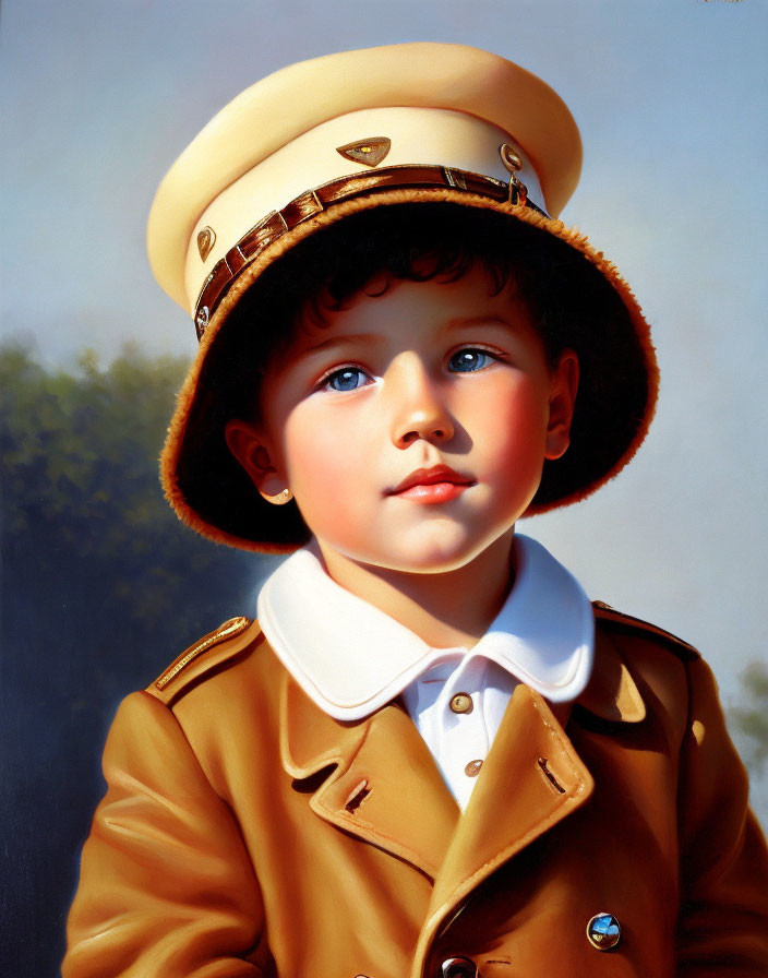 Portrait of a Child with Blue Eyes in White Shirt and Brown Jacket