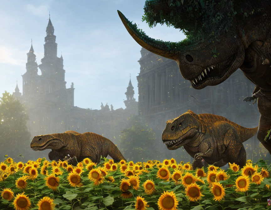 Realistic dinosaurs in sunflower field with misty castle.