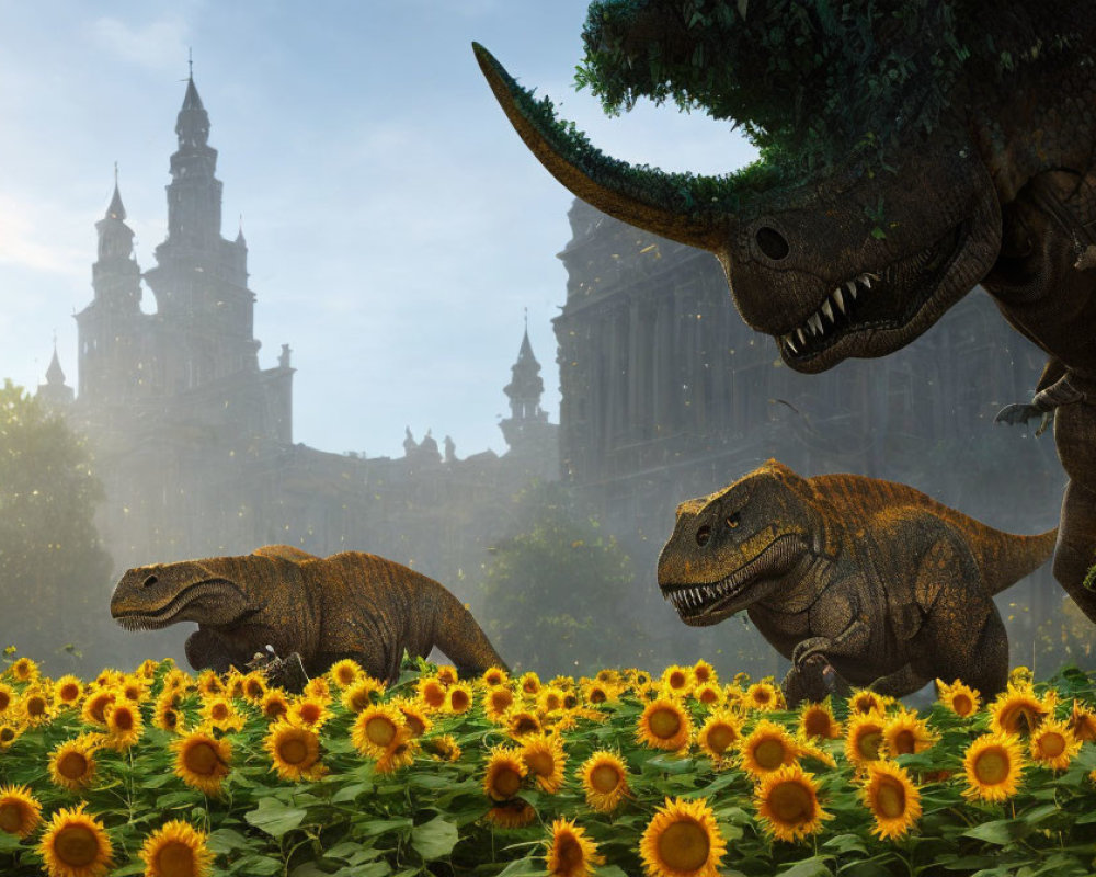 Realistic dinosaurs in sunflower field with misty castle.