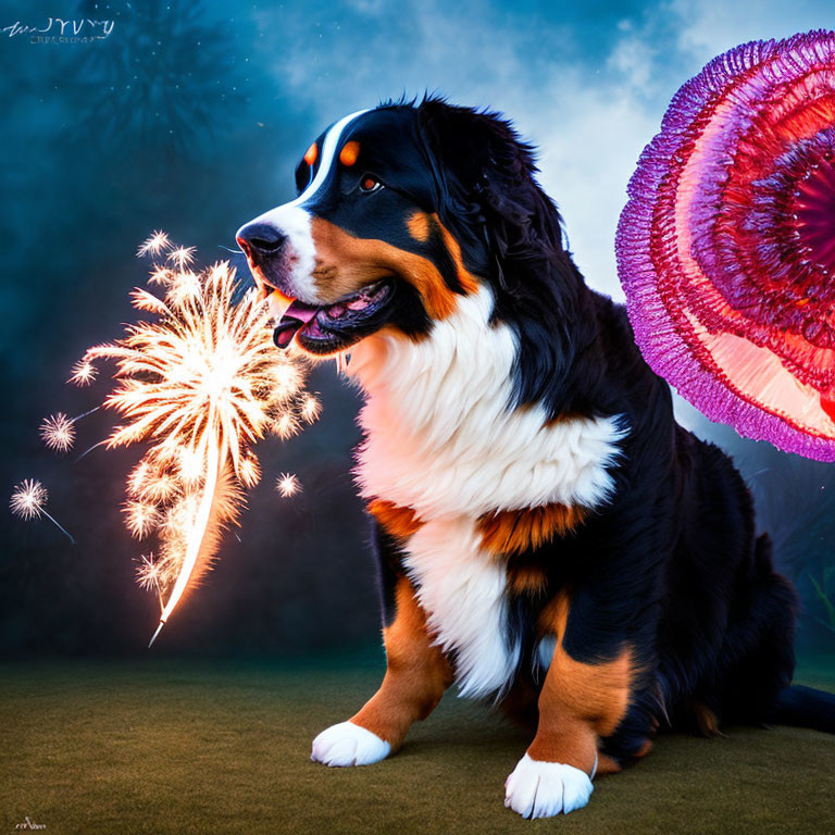 Bernese Mountain Dog in Front of Colorful Backdrop with Firework Effects